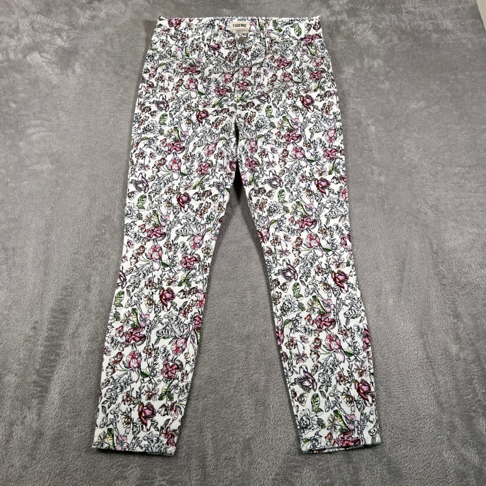L'AGENCE Pants Womens 30x25 White Floral Print Cropped‎ Mid Rise Stretch